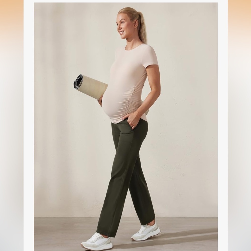Nwot Crz Yoga Women's Maternity Short Sleeve Side Ruched Cream Tee Xl — image 3 of 6